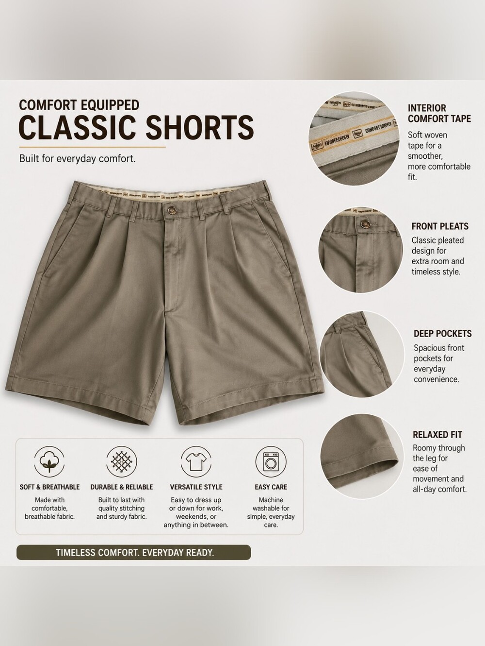 Haggar, Classic Everyday Khaki Shorts, 36 Size Made In Jordan. 0030